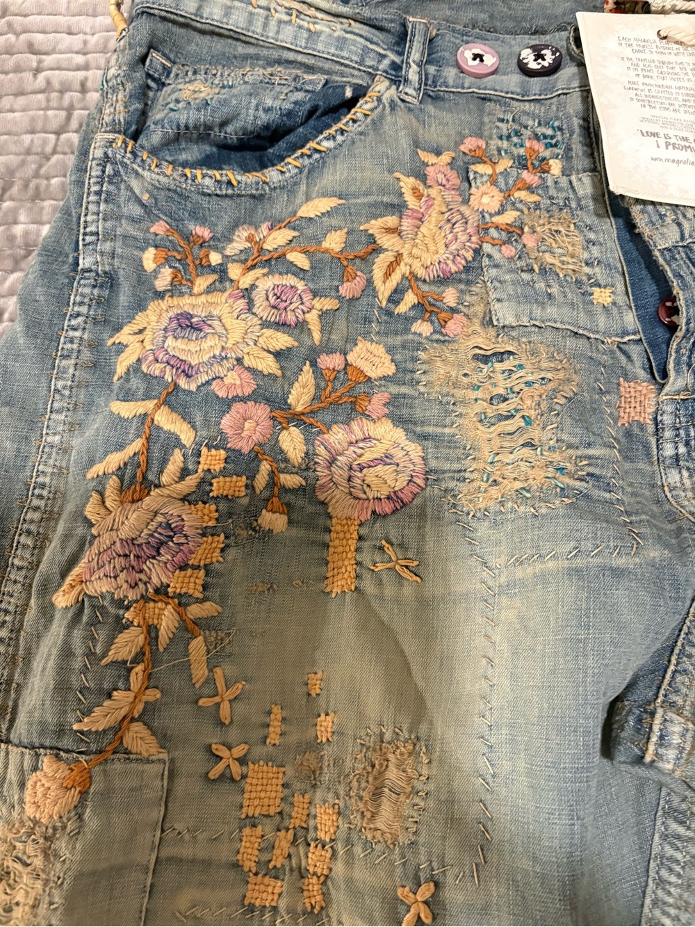 Magnolia Pearl Embroidered Patchwork Blue Jeans with Pink & Cream Florals - Picture 4 of 16